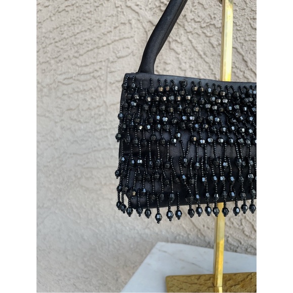VINTAGE 90s Y2K Black Satin Beaded Fringe Handbag Formal Cocktail Evening Bag - Picture 6 of 12